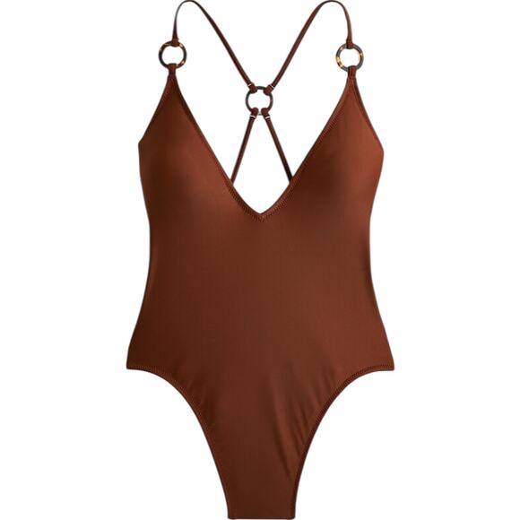 J.Crew O-Ring V-Neck One-Piece Swimsuit Women's 10 Brown Cheeky - Picture 2 of 9
